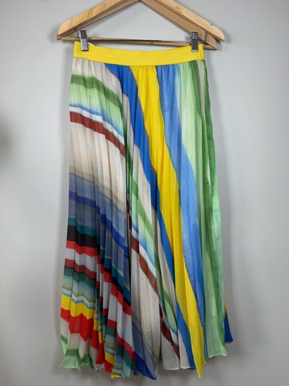 Gabby Isabella Pleated Multi-Stripe Maxi Skirt - Yellow, Blue & Green